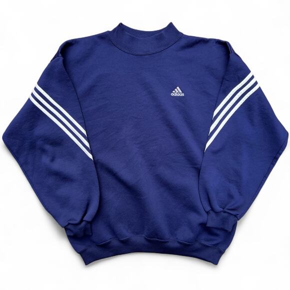 Vintage Adidas Offset 3 Stipe Sleeve Pullover Athletic Mockneck Sweatshirt Navy - Picture 1 of 7
